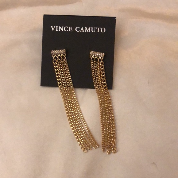 Vince Camuto Gold Tone Bar With CZ Accents & Chain Fringe Drop Earrings NWT - Picture 6 of 10